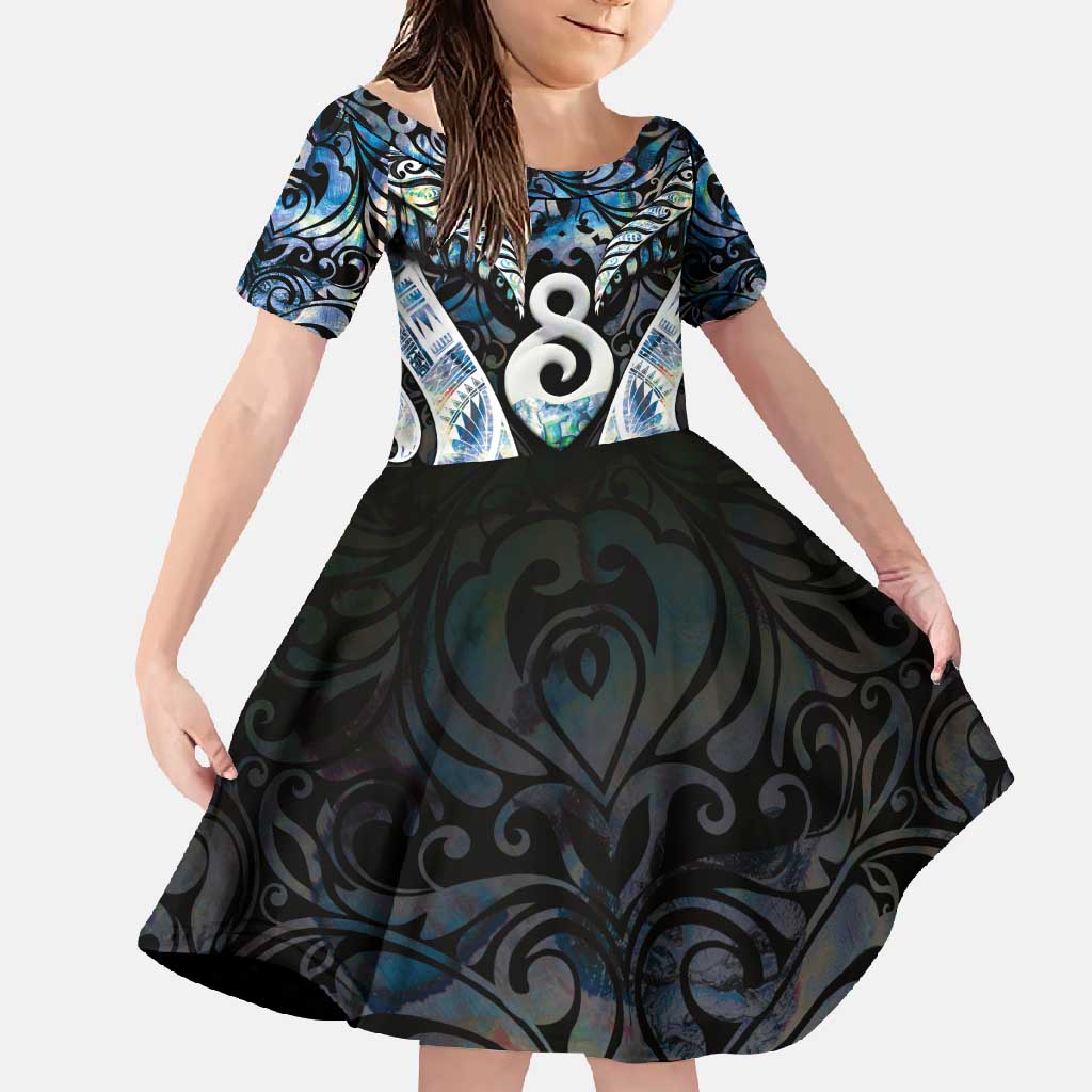 New Zealand Aotearoa Family Matching Long Sleeve Bodycon Dress and Hawaiian Shirt Pikorua Single Twist Green Paua Shell DT05 Daughter's Dress Green - Polynesian Pride