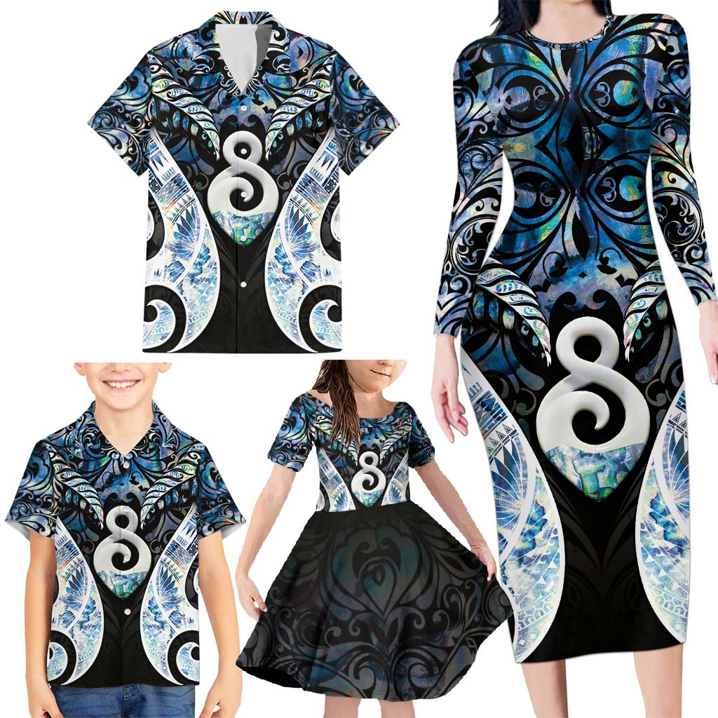 New Zealand Aotearoa Family Matching Long Sleeve Bodycon Dress and Hawaiian Shirt Pikorua Single Twist Green Paua Shell DT05 - Polynesian Pride