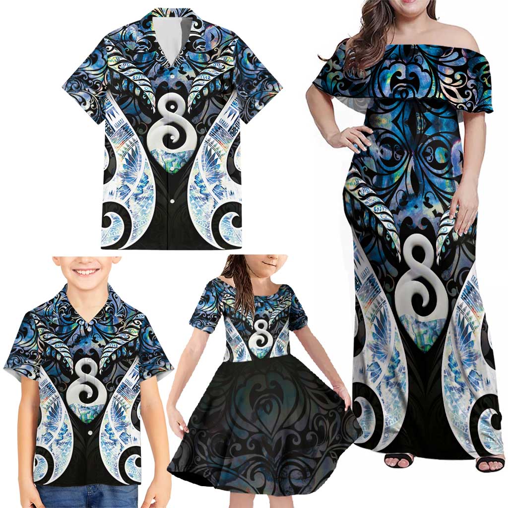 New Zealand Aotearoa Family Matching Off Shoulder Maxi Dress and Hawaiian Shirt Pikorua Single Twist Green Paua Shell