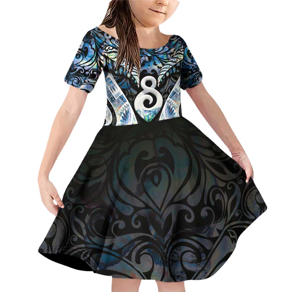 New Zealand Aotearoa Family Matching Off Shoulder Short Dress and Hawaiian Shirt Pikorua Single Twist Green Paua Shell
