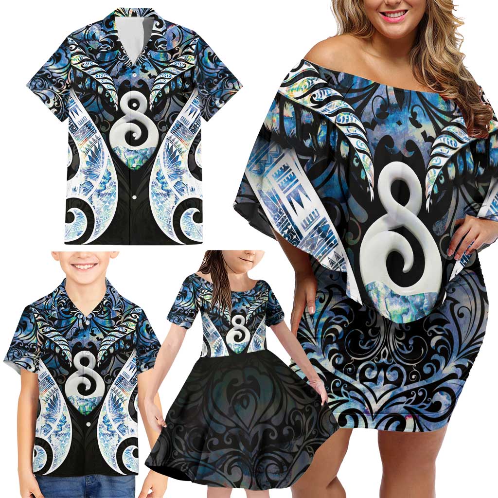 New Zealand Aotearoa Family Matching Off Shoulder Short Dress and Hawaiian Shirt Pikorua Single Twist Green Paua Shell