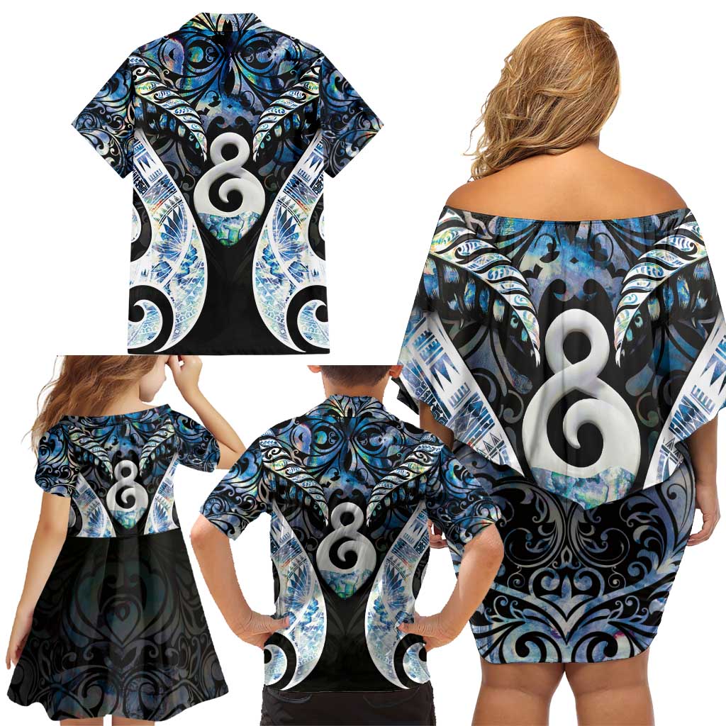 New Zealand Aotearoa Family Matching Off Shoulder Short Dress and Hawaiian Shirt Pikorua Single Twist Green Paua Shell