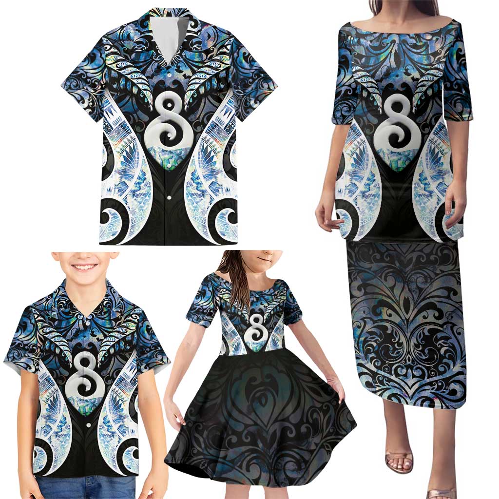 New Zealand Aotearoa Family Matching Puletasi and Hawaiian Shirt Pikorua Single Twist Green Paua Shell DT05 - Polynesian Pride