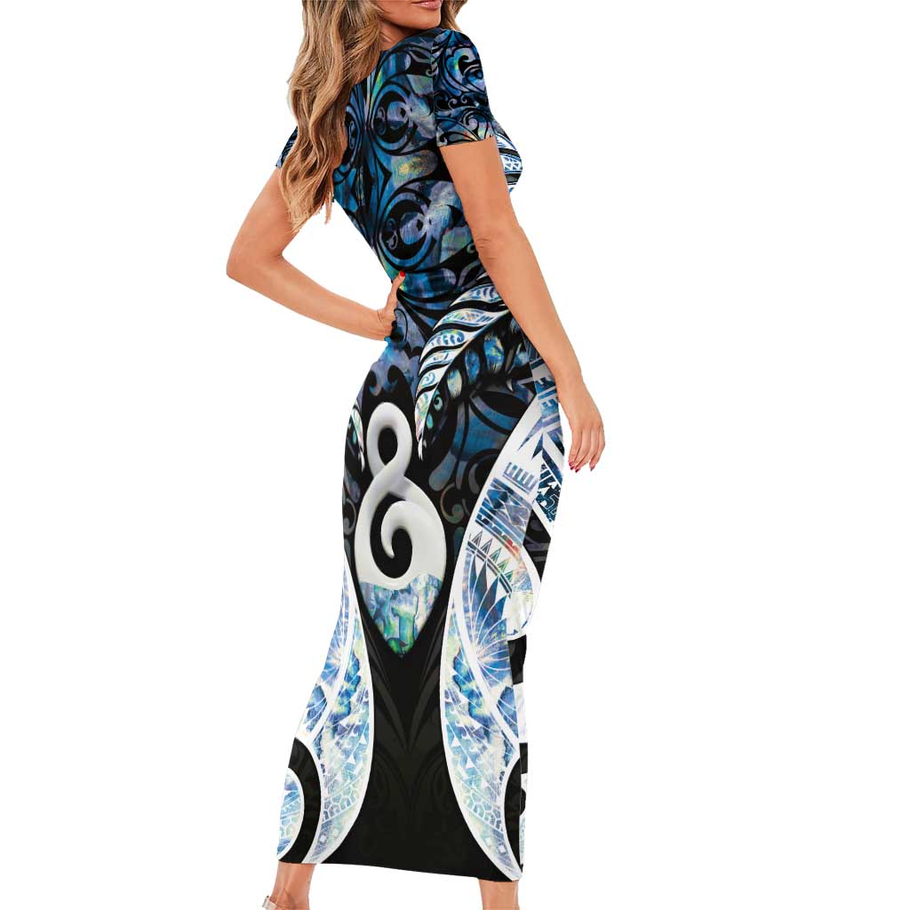 New Zealand Aotearoa Family Matching Short Sleeve Bodycon Dress and Hawaiian Shirt Pikorua Single Twist Green Paua Shell DT05 - Polynesian Pride