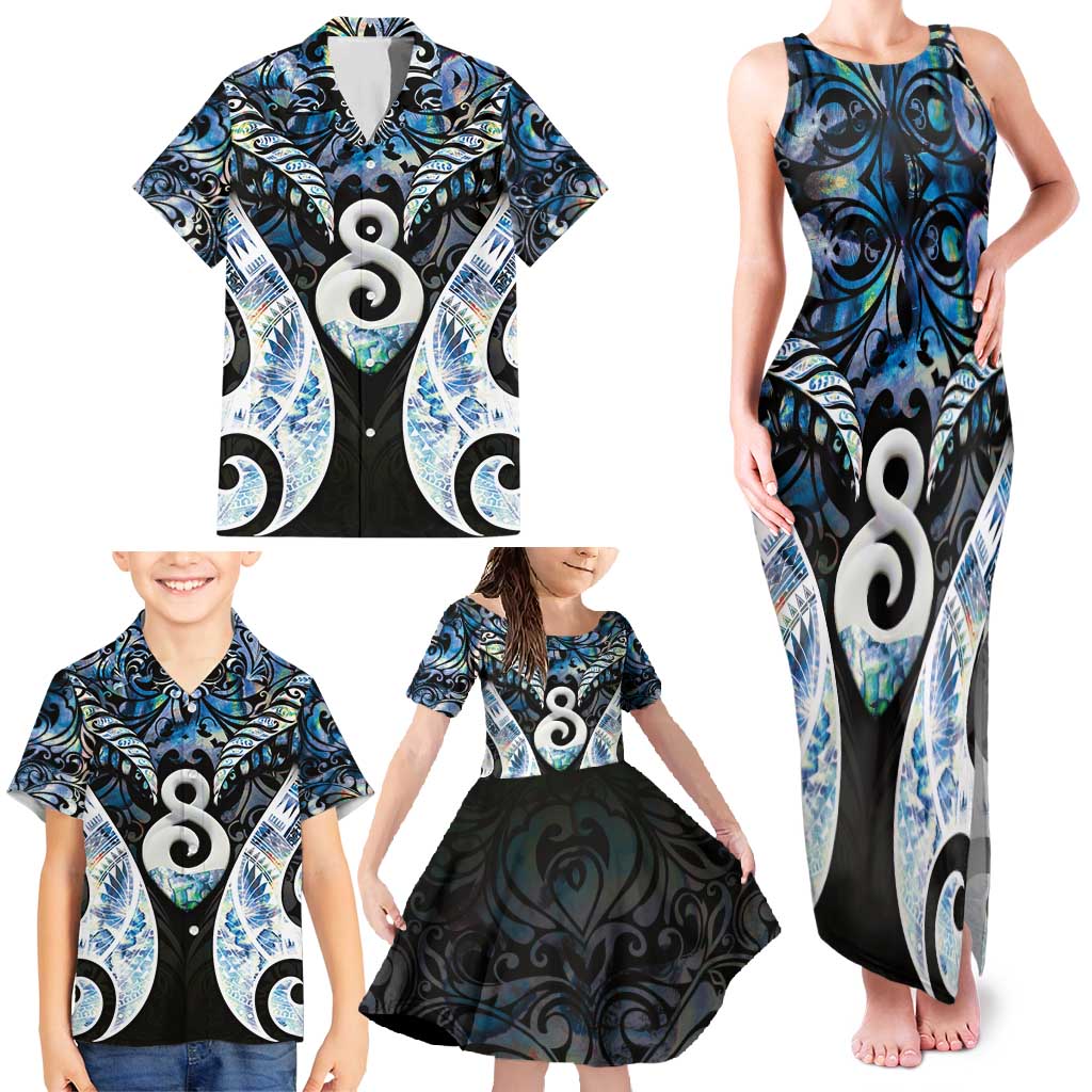 New Zealand Aotearoa Family Matching Tank Maxi Dress and Hawaiian Shirt Pikorua Single Twist Green Paua Shell DT05 - Polynesian Pride