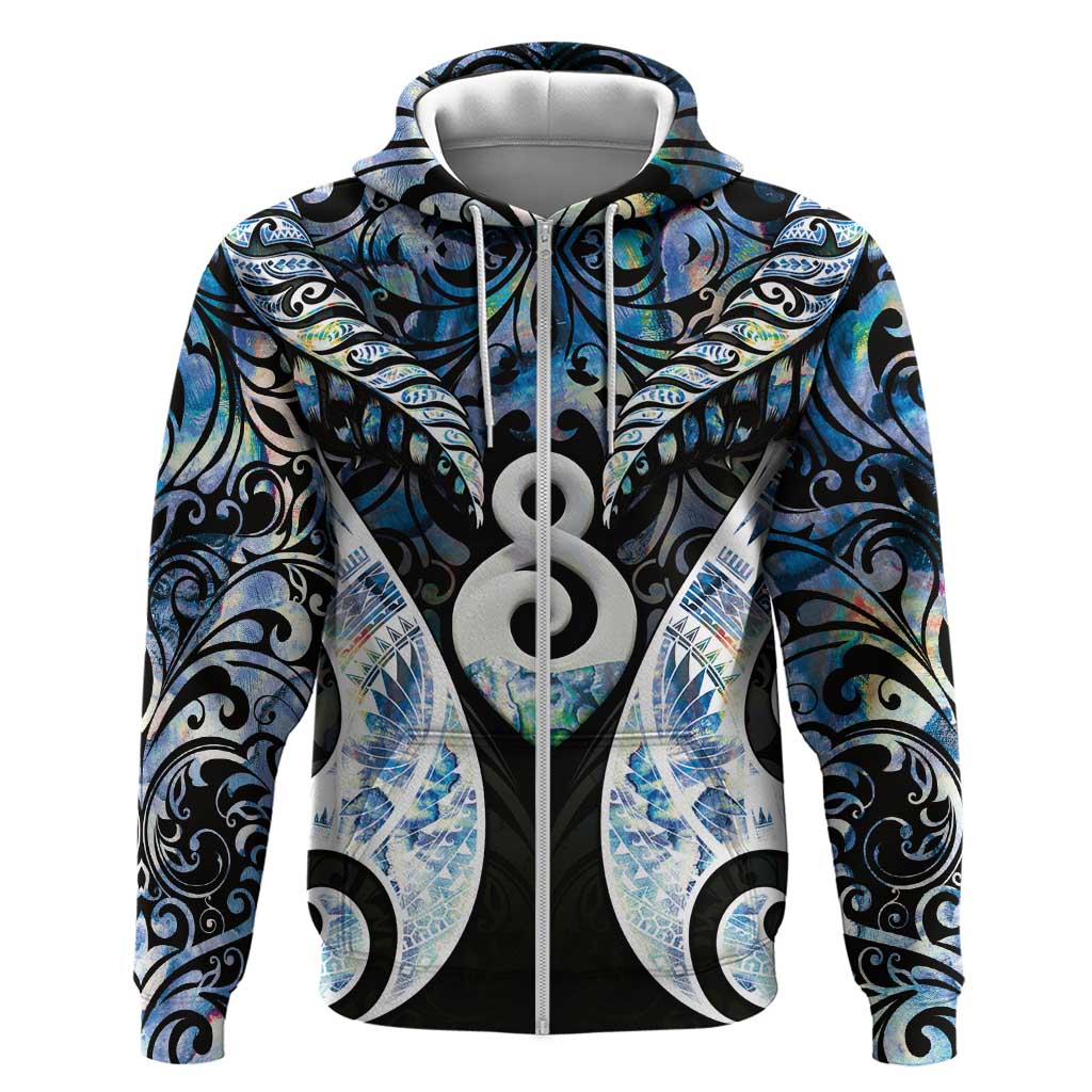 New Zealand Aotearoa Zip Hoodie Pikorua Single Twist Green Paua Shell