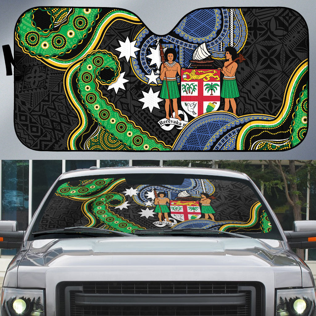 South Sea Islanders And Fiji Auto Sun Shade Fijian Coat Of Arms And Southern Cross DT05 Black - Polynesian Pride