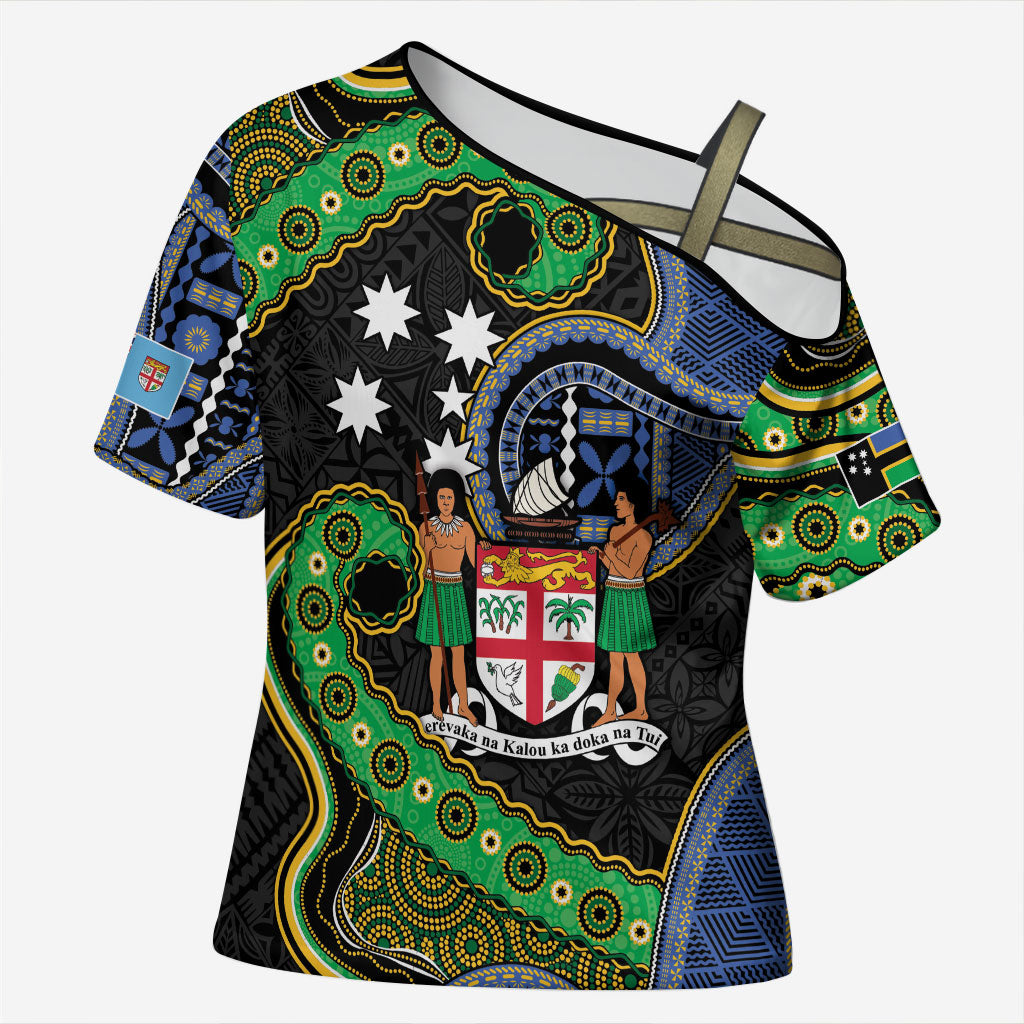 South Sea Islanders And Fiji Cross Shoulder Shirt Fijian Coat Of Arms And Southern Cross DT05 Female Black - Polynesian Pride