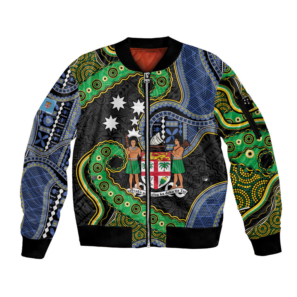 South Sea Islanders And Fiji Sleeve Zip Bomber Jacket Fijian Coat Of Arms And Southern Cross DT05 Unisex Black - Polynesian Pride