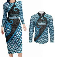 Custom Aotearoa Atua Ranginui Couples Matching Long Sleeve Bodycon Dress and Long Sleeve Button Shirt Maori Sky Father Koru Patterns DT05 Blue - Polynesian Pride