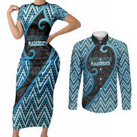Custom Aotearoa Atua Ranginui Couples Matching Short Sleeve Bodycon Dress and Long Sleeve Button Shirt Maori Sky Father Koru Patterns DT05 Blue - Polynesian Pride
