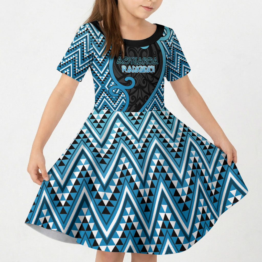 Custom Aotearoa Atua Ranginui Kid Short Sleeve Dress Maori Sky Father Koru Patterns