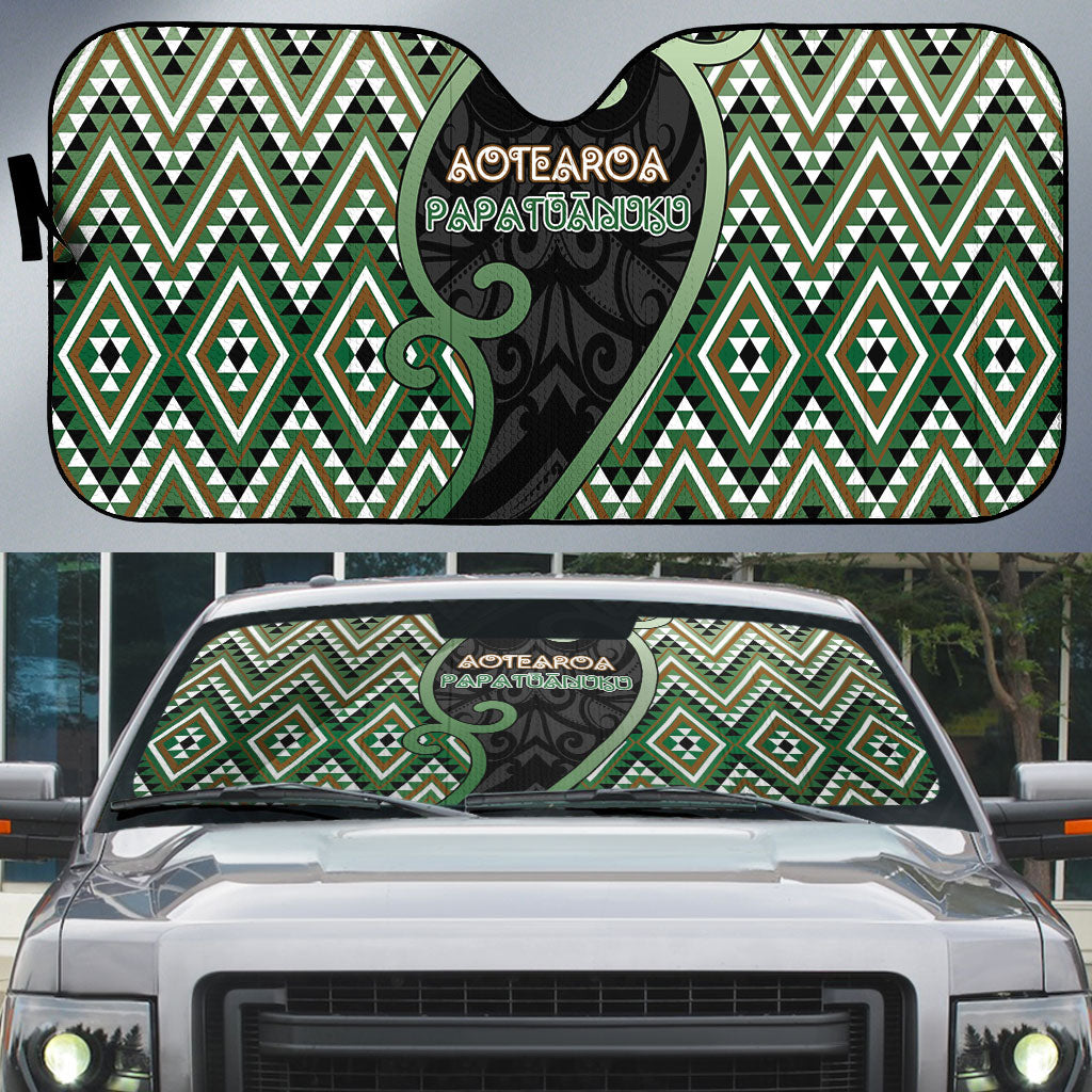 Aotearoa Atua Papatuanuku Auto Sun Shade Earth Mother Father Koru Patterns DT05 Green - Polynesian Pride