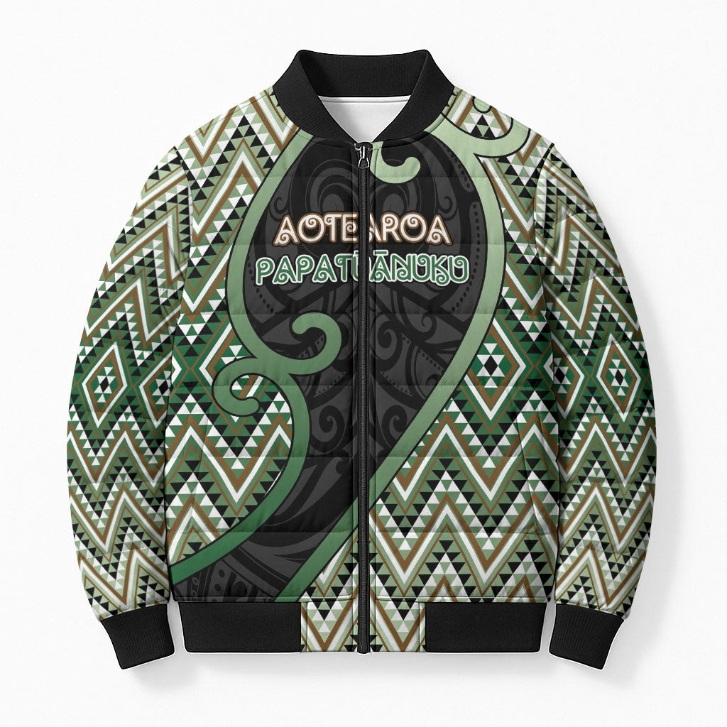 Custom Aotearoa Atua Papatuanuku Bomber Puffer Jacket Earth Mother Father Koru Patterns DT05 Unisex Green - Polynesian Pride