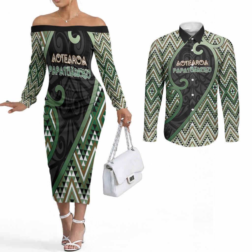 Custom Aotearoa Atua Papatuanuku Couples Matching Off The Shoulder Long Sleeve Dress and Long Sleeve Button Shirt Earth Mother Father Koru Patterns DT05 Green - Polynesian Pride