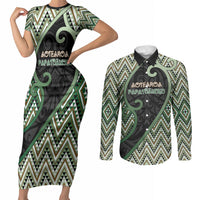 Custom Aotearoa Atua Papatuanuku Couples Matching Short Sleeve Bodycon Dress and Long Sleeve Button Shirt Earth Mother Father Koru Patterns DT05 Green - Polynesian Pride