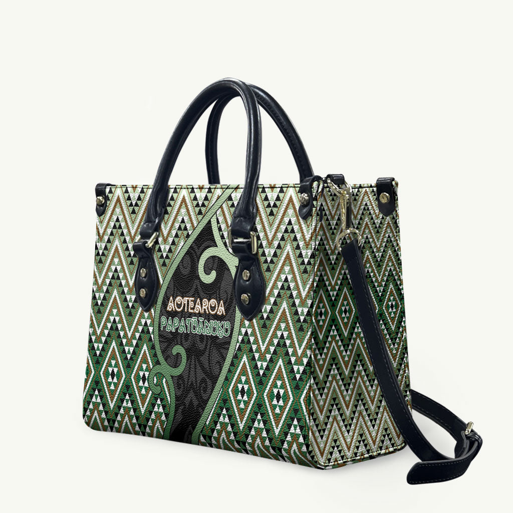 Aotearoa Atua Papatuanuku Leather Bag Earth Mother Father Koru Patterns DT05 Green - Polynesian Pride