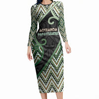 Custom Aotearoa Atua Papatuanuku Long Sleeve Bodycon Dress Earth Mother Father Koru Patterns DT05 Long Dress Green - Polynesian Pride