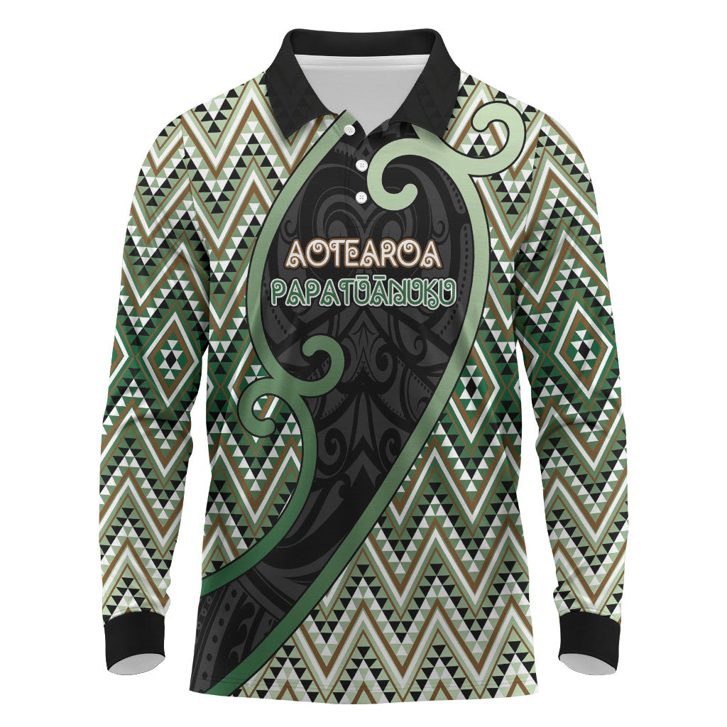 Custom Aotearoa Atua Papatuanuku Long Sleeve Polo Shirt Earth Mother Father Koru Patterns DT05 Green - Polynesian Pride