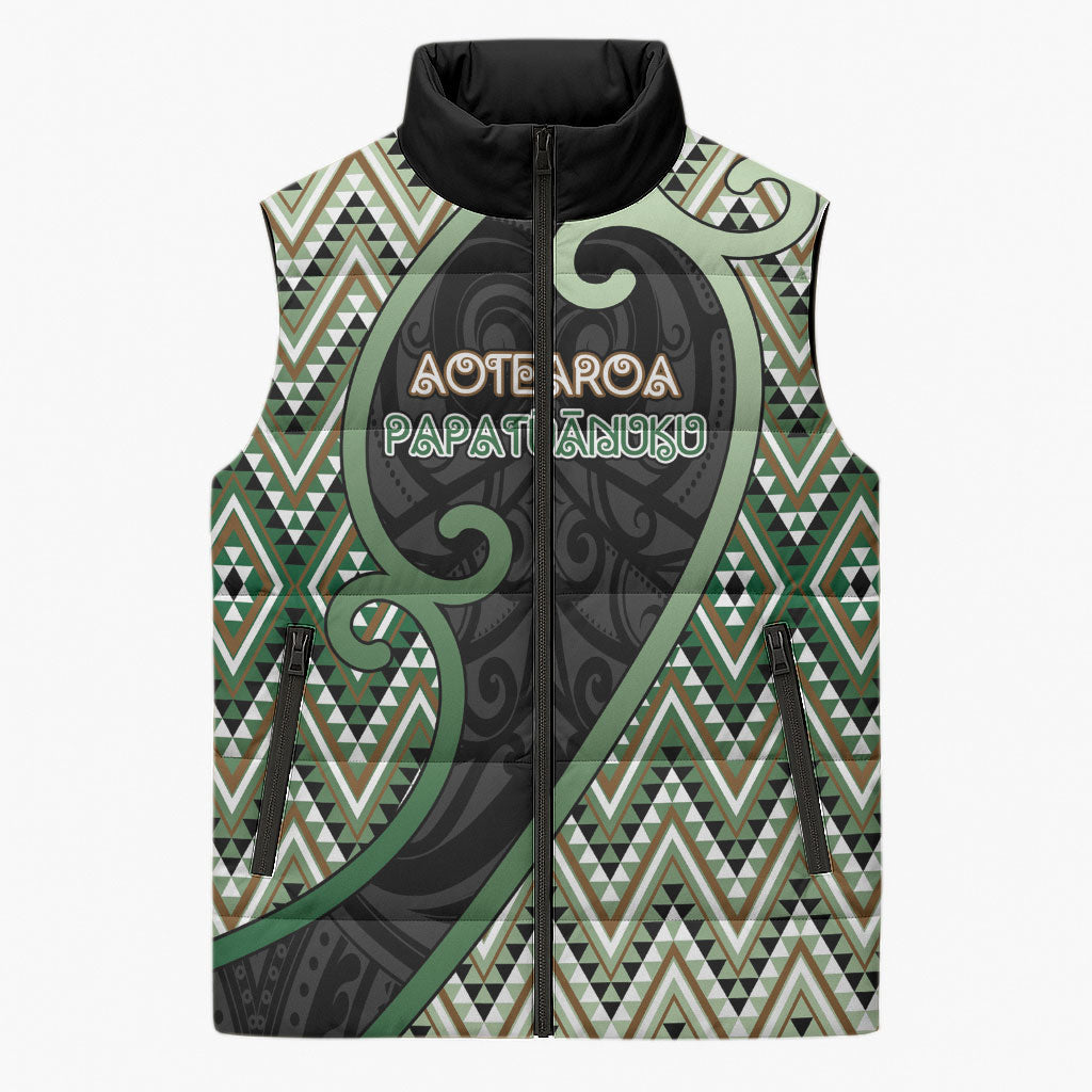 Custom Aotearoa Atua Papatuanuku Sleeveless Puffer Jacket Earth Mother Father Koru Patterns DT05 Unisex Green - Polynesian Pride
