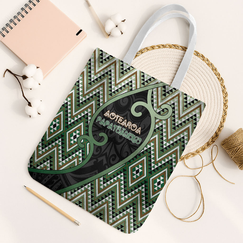 Aotearoa Atua Papatuanuku Tote Bag Earth Mother Father Koru Patterns DT05 White Strap One Size Green - Polynesian Pride