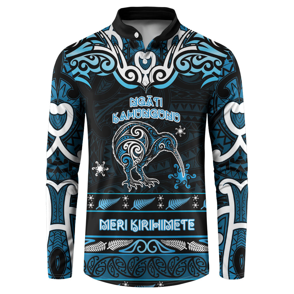 Personalised Ngati Kahungunu Aotearoa Meri Kirihimete Button Sweatshirt Maori Kiwi Bird Silver Fern Koru Pattern DT05 Blue - Polynesian Pride