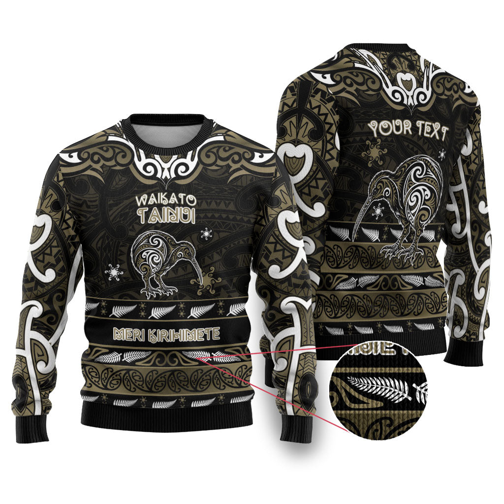 Personalised Waikato Tainui Aotearoa Meri Kirihimete Ugly Christmas Sweater Maori Kiwi Bird Silver Fern Koru Pattern DT05 Gold - Polynesian Pride