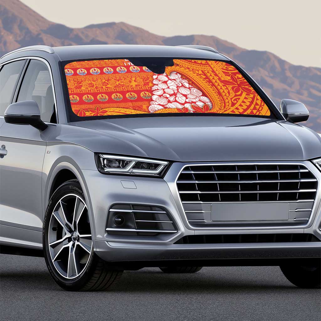 French Polynesia Christmas Auto Sun Shade Seashell Xmas Tree Tribal Waves - Polynesian Pride