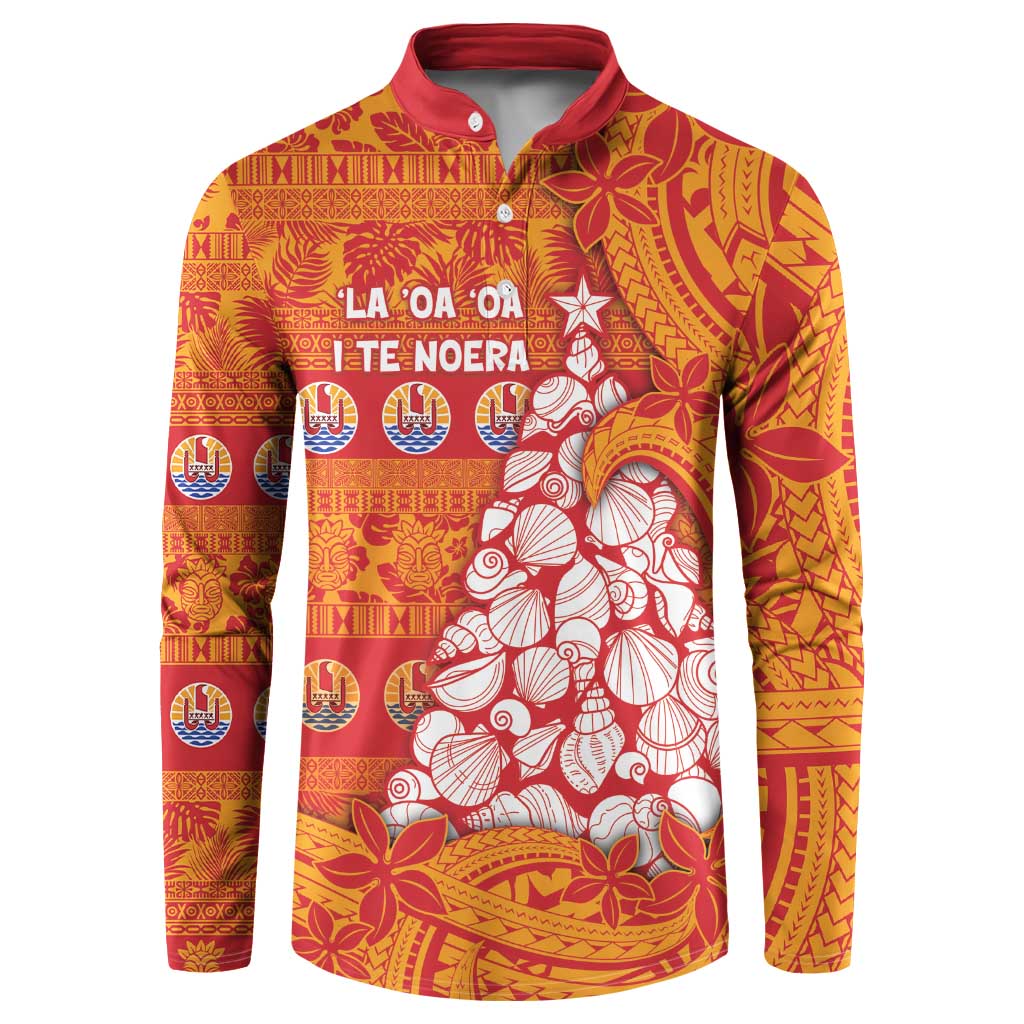 French Polynesia Christmas Button Sweatshirt Seashell Xmas Tree Tribal Waves DT05 Orange - Polynesian Pride