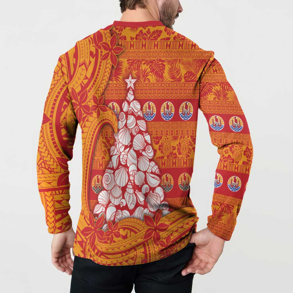 French Polynesia Christmas Button Sweatshirt Seashell Xmas Tree Tribal Waves DT05 - Polynesian Pride