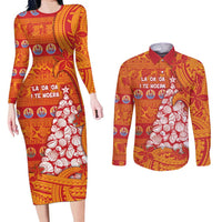 French Polynesia Christmas Couples Matching Long Sleeve Bodycon Dress and Long Sleeve Button Shirt Seashell Xmas Tree Tribal Waves - Polynesian Pride