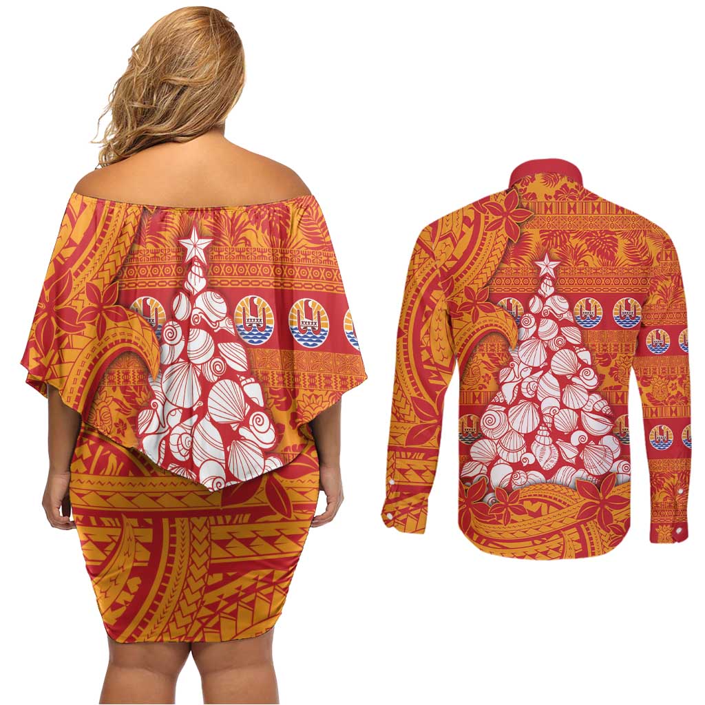 French Polynesia Christmas Couples Matching Off Shoulder Short Dress and Long Sleeve Button Shirt Seashell Xmas Tree Tribal Waves - Polynesian Pride