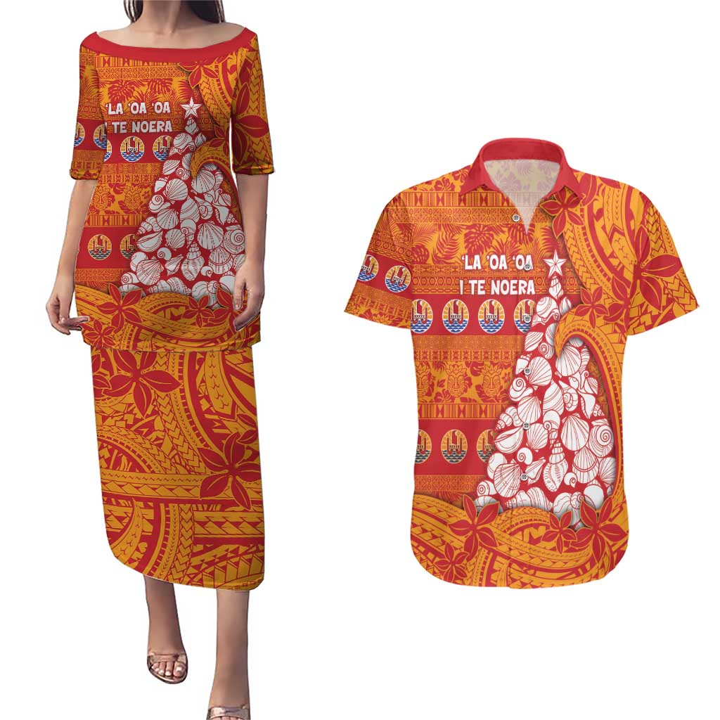French Polynesia Christmas Couples Matching Puletasi and Hawaiian Shirt Seashell Xmas Tree Tribal Waves - Polynesian Pride
