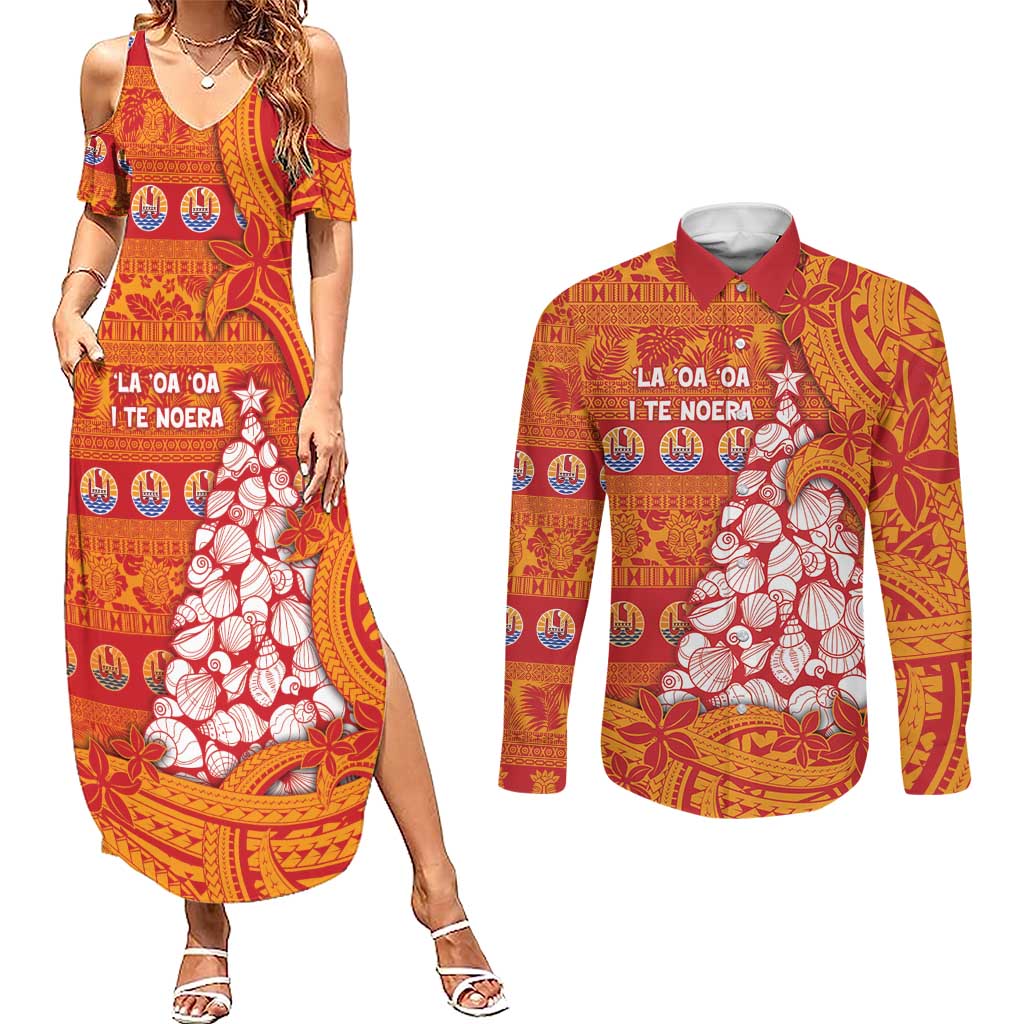 French Polynesia Christmas Couples Matching Summer Maxi Dress and Long Sleeve Button Shirt Seashell Xmas Tree Tribal Waves DT05 Orange - Polynesian Pride