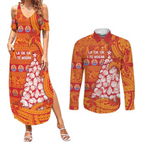 French Polynesia Christmas Couples Matching Summer Maxi Dress and Long Sleeve Button Shirt Seashell Xmas Tree Tribal Waves DT05 Orange - Polynesian Pride