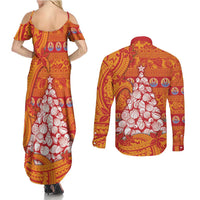 French Polynesia Christmas Couples Matching Summer Maxi Dress and Long Sleeve Button Shirt Seashell Xmas Tree Tribal Waves DT05 - Polynesian Pride