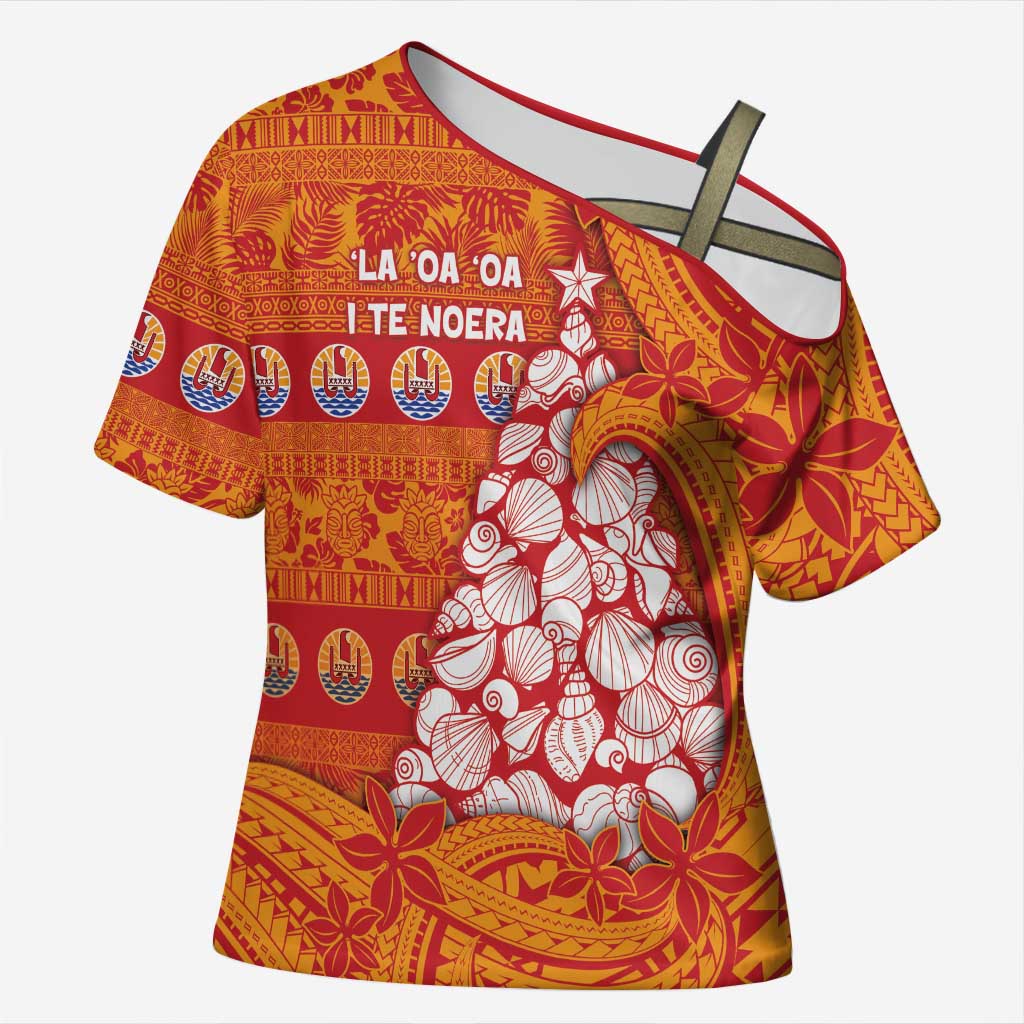French Polynesia Christmas Cross Shoulder Shirt Seashell Xmas Tree Tribal Waves DT05 Female Orange - Polynesian Pride