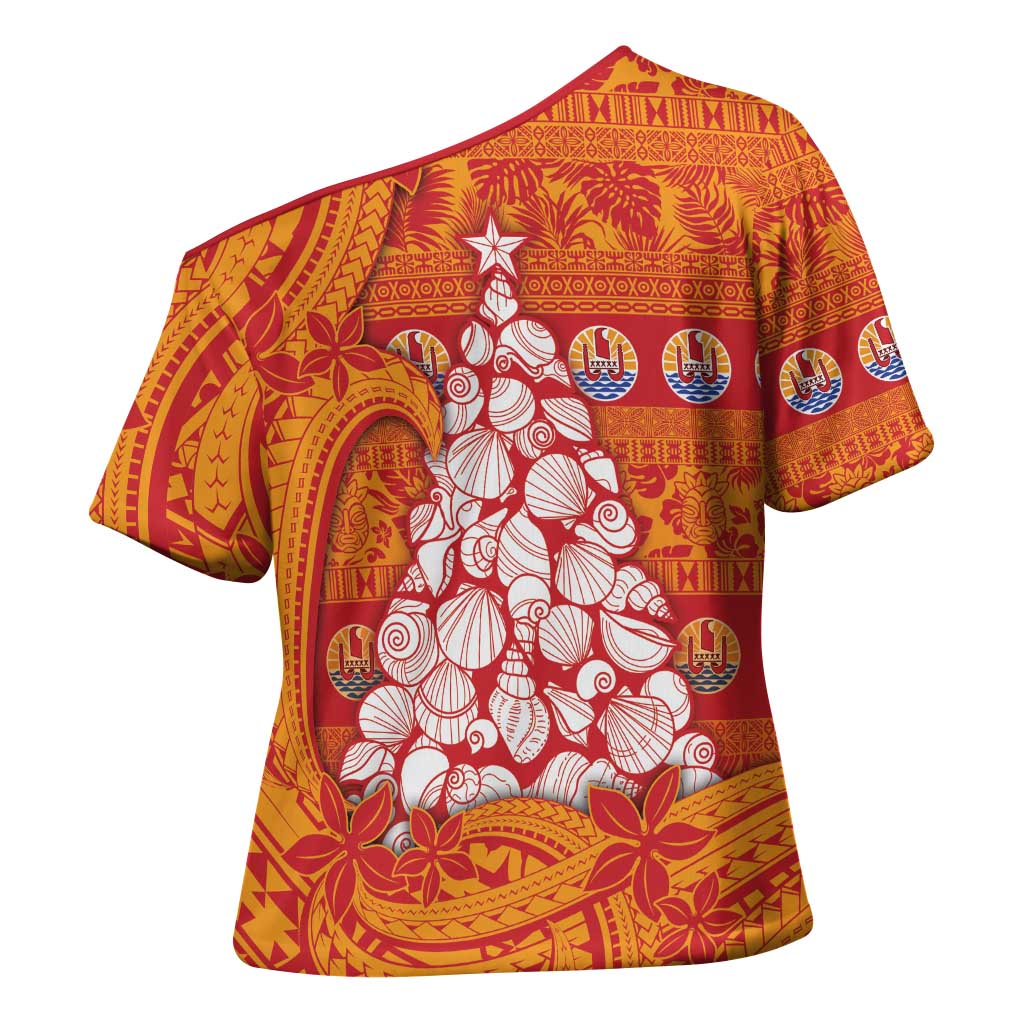 French Polynesia Christmas Cross Shoulder Shirt Seashell Xmas Tree Tribal Waves DT05 - Polynesian Pride