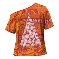 French Polynesia Christmas Cross Shoulder Shirt Seashell Xmas Tree Tribal Waves DT05 - Polynesian Pride