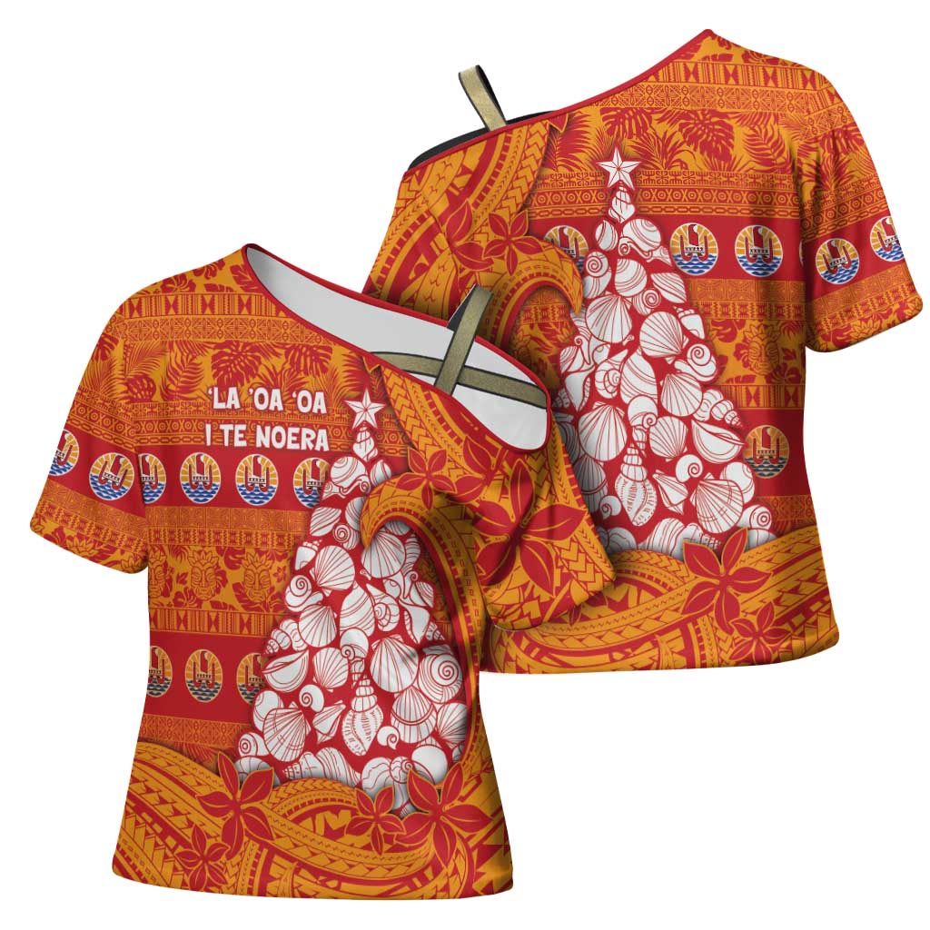 French Polynesia Christmas Cross Shoulder Shirt Seashell Xmas Tree Tribal Waves DT05 - Polynesian Pride