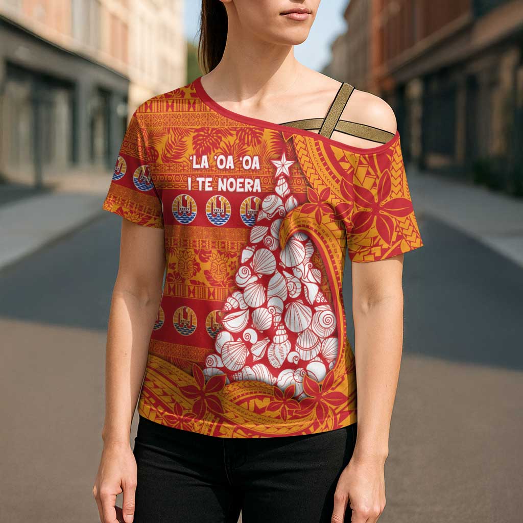 French Polynesia Christmas Cross Shoulder Shirt Seashell Xmas Tree Tribal Waves DT05 - Polynesian Pride