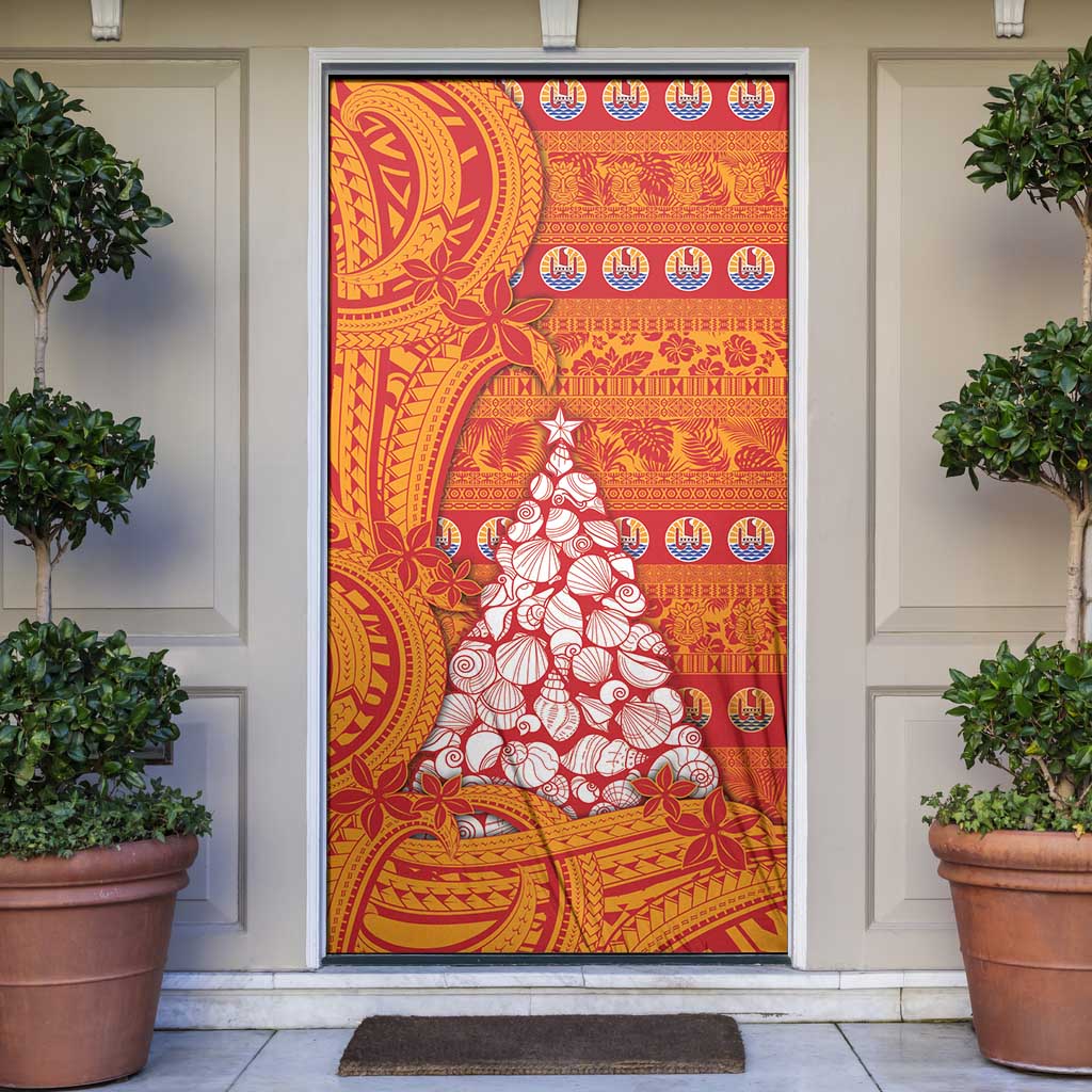 French Polynesia Christmas Door Cover Seashell Xmas Tree Tribal Waves - Polynesian Pride