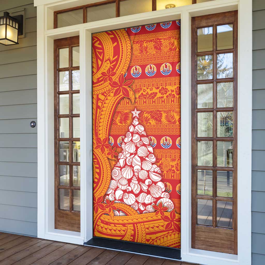 French Polynesia Christmas Door Cover Seashell Xmas Tree Tribal Waves - Polynesian Pride