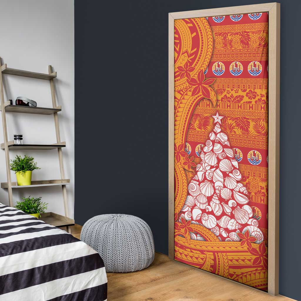 French Polynesia Christmas Door Cover Seashell Xmas Tree Tribal Waves - Polynesian Pride