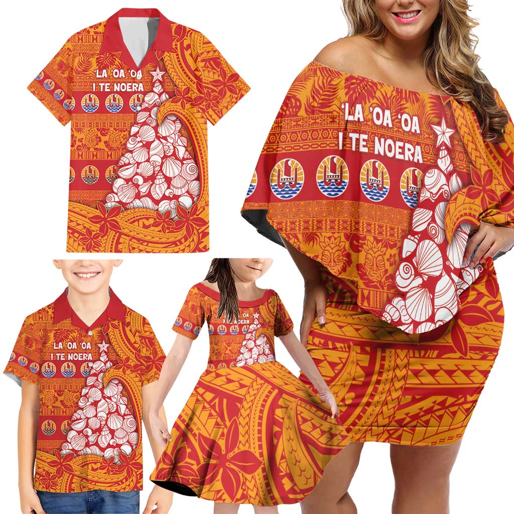 French Polynesia Christmas Family Matching Off Shoulder Short Dress and Hawaiian Shirt Seashell Xmas Tree Tribal Waves - Polynesian Pride