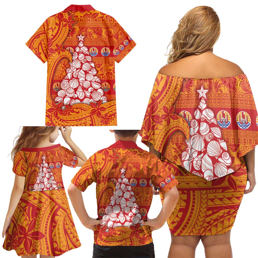 French Polynesia Christmas Family Matching Off Shoulder Short Dress and Hawaiian Shirt Seashell Xmas Tree Tribal Waves - Polynesian Pride