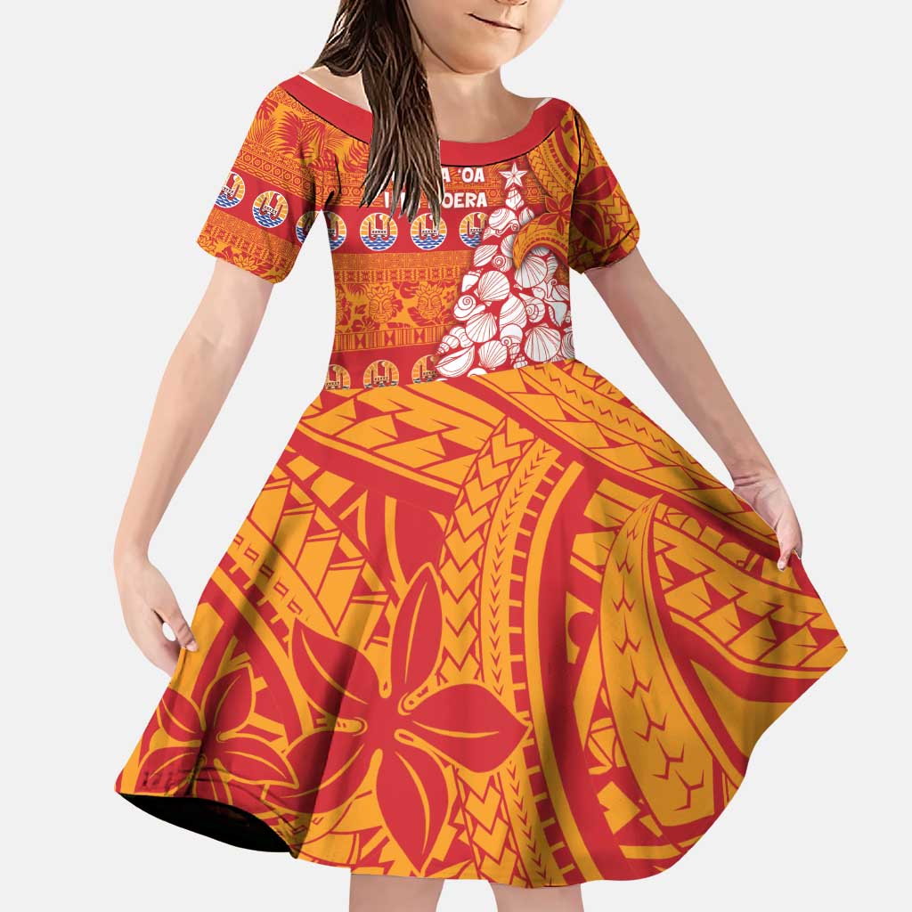 French Polynesia Christmas Family Matching Puletasi and Hawaiian Shirt Seashell Xmas Tree Tribal Waves DT05 Daughter's Dress Orange - Polynesian Pride