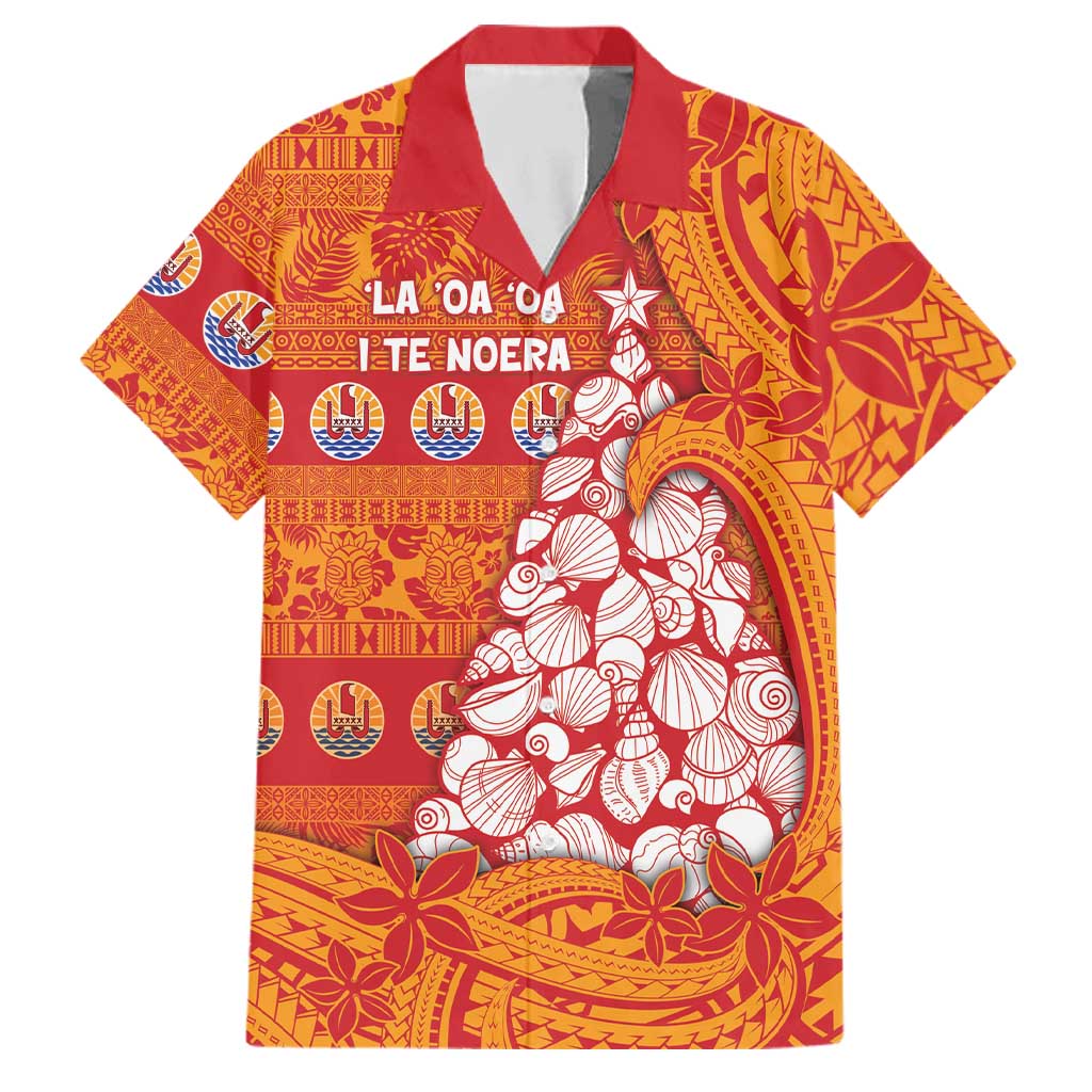 French Polynesia Christmas Family Matching Puletasi and Hawaiian Shirt Seashell Xmas Tree Tribal Waves DT05 Dad's Shirt - Short Sleeve Orange - Polynesian Pride