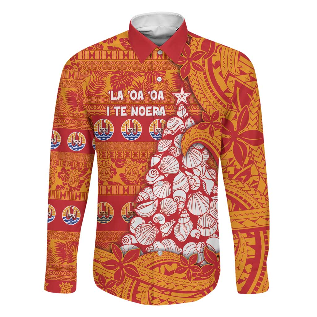 French Polynesia Christmas Family Matching Puletasi and Hawaiian Shirt Seashell Xmas Tree Tribal Waves DT05 Dad's Shirt - Long Sleeve Orange - Polynesian Pride