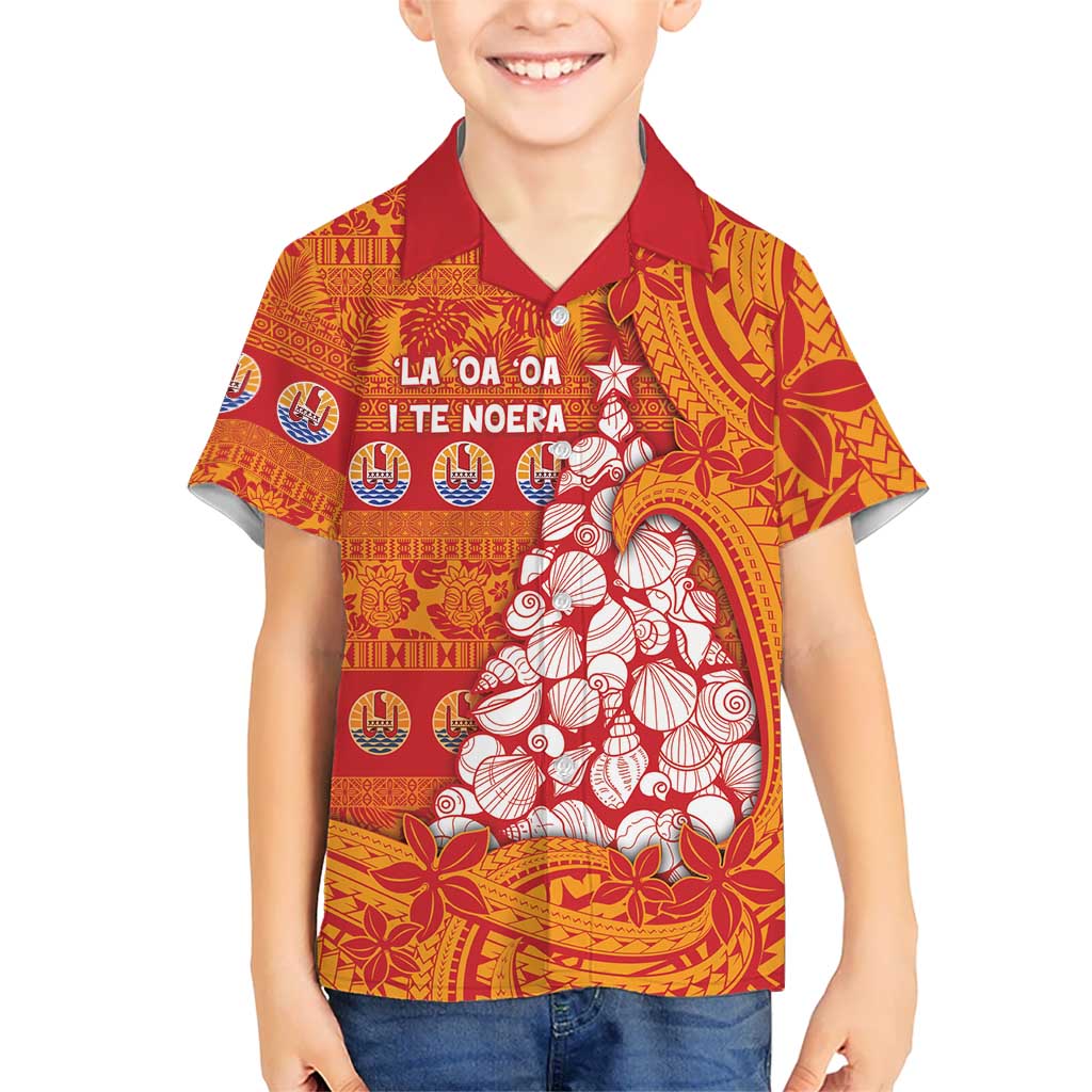 French Polynesia Christmas Family Matching Puletasi and Hawaiian Shirt Seashell Xmas Tree Tribal Waves DT05 Son's Shirt Orange - Polynesian Pride